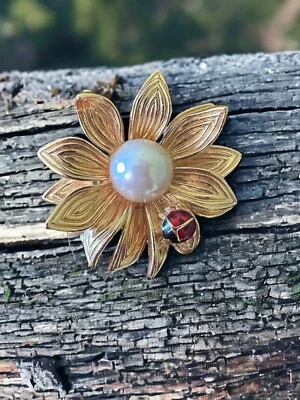 Vintage Anne Klein Daisy Ladybug Brooch Pin Flower Faux Pearl Gold Tone Enamel - Image 1 of 4