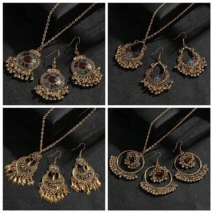 3Pcs Ethnic Gold Wedding Jewelry Sets Vintage Heart Pendant Earrings Necklace - Picture 1 of 18