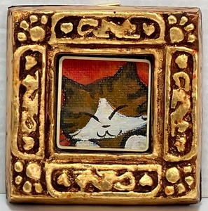 Cat Art Fraem Series Miniature Brown & White Cat Oil Painting Japan Artists - Picture 1 of 22