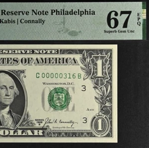 1969B $1 FRN Philadelphia PMG 67EPQ March 16 birthday low serial number 00000316 - Picture 1 of 3