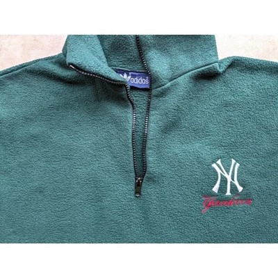 NY Yankees 90s ADIDAS pullover 1/4 fleece sweater XL forest green MLB vintage - Image 1 of 4