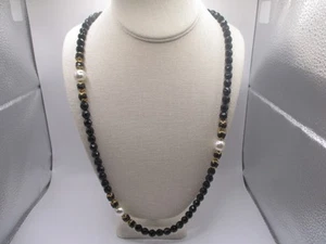 long black glass faceted bead gold tone necklace 30" 0247 - Picture 1 of 6