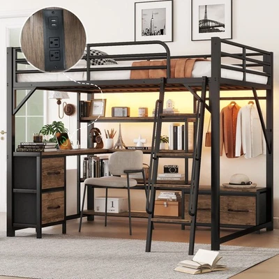 Queen Size Metal Loft Bed w/Desk and LED，Storage Shelve, Wardrobe for Boys Girls - Image 1 of 4