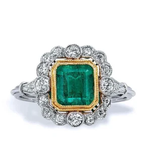 Art Deco Style 2.85Ct Lab Created Emerald 14K White Gold FN Engagement Halo Ring - Picture 1 of 11