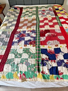 Antique Handmade Bow Tie Pattern Patchwork Quilt   68"x77"     1920's - 40's - Picture 1 of 20