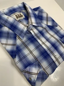 Ely Cattleman Blue Plaid Short Sleeve Pearl Snap Men's L Ranch Rodeo Cowboy - Picture 1 of 19