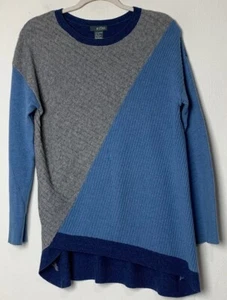 Womens Cashmere Sweater MEDIUM Griffen Colorblock Gray Blues Asymmetrical Hem - Picture 1 of 4