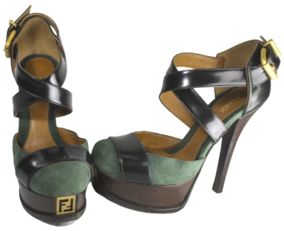 Fendi Fendista Shoes 35 5 Heels Pumps Platform Brown Green Logo Strappy Buckle - Image 1 of 4