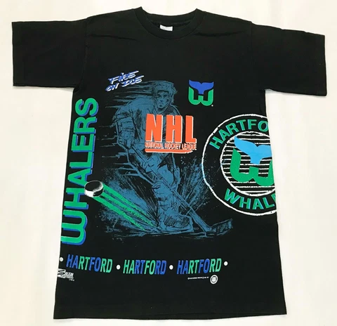 Vintage Salem 1991 NHL Hartford Whalers All Over Print T-Shirt Black M Tee USA Cover
