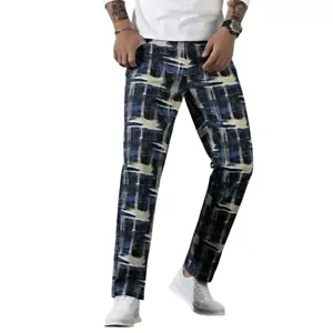 Blue White Black Grunge Plaid Pattern Golf Pants Fashion Stretch Jean Size 36 - Picture 1 of 10