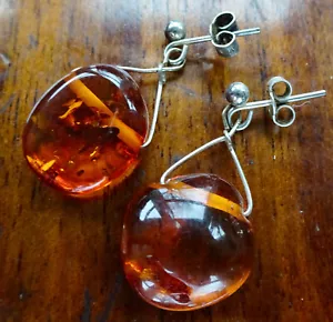 vintage 925 STERLING SILVER Baltic AMBER bead drop pierced earrings -X69 - Picture 1 of 3