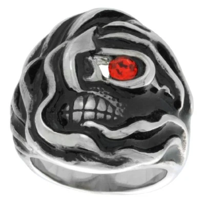 Stainless Steel Gothic Mummy Skull Biker Ring w/ Red CZ Stone Eye - Image 1 of 2