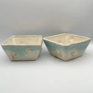 Sonoma Life Style Seaside Aqua Bowls Cereal Salad Beach Shells Starfish 5 1/4” - Picture 1 of 12