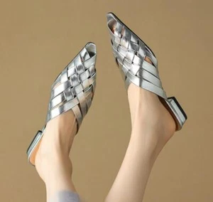 Women Low Heel Peep Toe Leather Slipper Shoes Summer Lazy Slip On Sandals Shoes - Picture 1 of 17