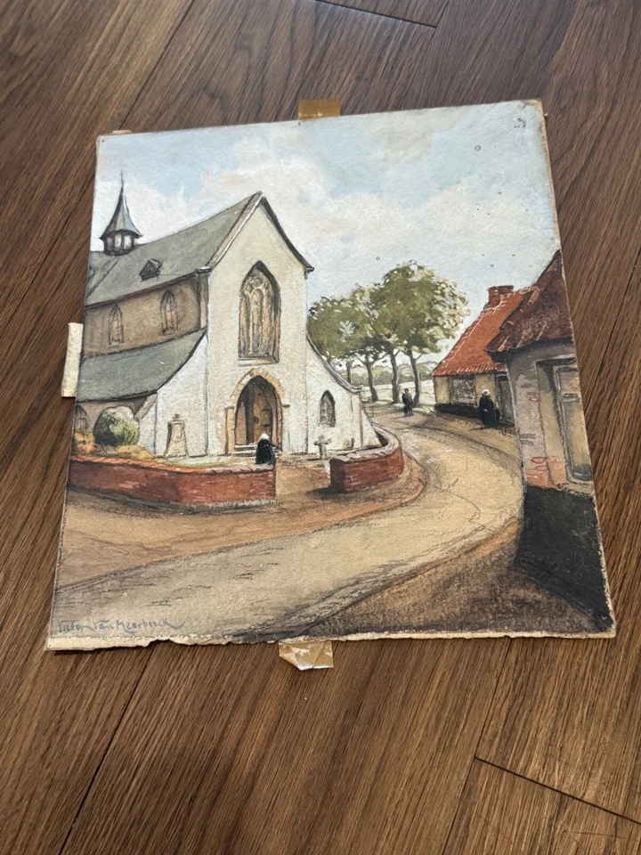 Винтажный антикварный бельгийский рисунок церкви мел/пастель с автографом Виктора Ван Мербека - Изображение 1 из 4