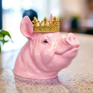 Pink Resin Pig Head With A Gold Crown Sculpture Home Decor Novelty Ornament - Picture 1 of 9