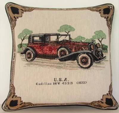 Car- Replica Of 1932 Cadillac 16V 452 B Tapestry Pillow w/ Ornate Border - New! - Image 1 of 4