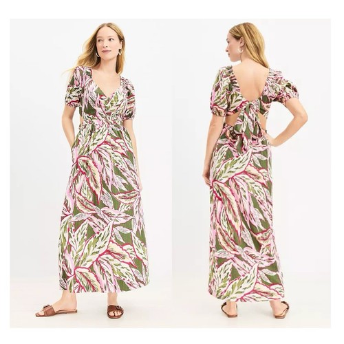 PALM ANGELS Maxi abito nuovo con etichette LOFT spiaggia taglio palma taglia S tropicale oliva e fiori rosa
