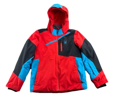 Spyder Boys Size 12 Winter Ski Coat Hooded Jacket Parka Red Black Blue Zip Front - Image 1 of 4