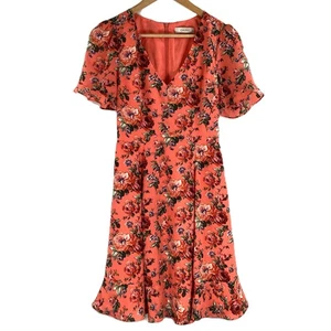 Oasis Neon Peach Floral Flutter Sleeve V-Neck Knee Length Tea Dress UK 8 - Picture 1 of 10