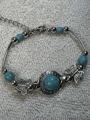 Nuevo Brazalete Brazalete Turquesa y Metal Tono Plata 7 con Cierre de Langosta Foto 1 de 4