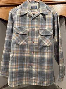 Vintage 100% Wool Pendleton Loop Collar Size Medium Plaid Blue Gray Beige USA - Picture 1 of 8