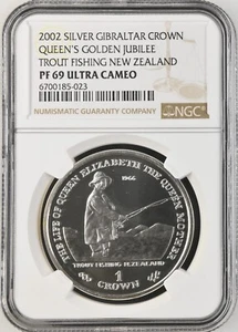 2002 GIBRALTAR SILVER 1 CROWN QUUEN MOTHER TROUT FISHING NEW ZEALAND-NGC PF69 UC - Picture 1 of 2