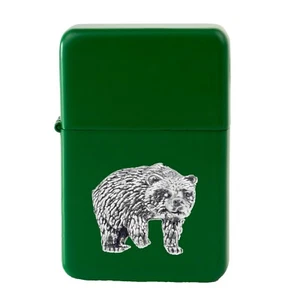A28 Bear  Pewter design on a GREEN flip top petrol lighter windproof - Picture 1 of 1