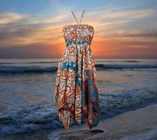 Women Summer Dresses, Sundress, Orange blue Handmade Boho Dress, Printed S/M