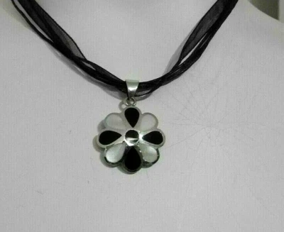 COLLAR COLGANTE MADRE PERLA ESMALTE NEGRO PLATA ESTERLINA 925 NUEVO Foto 1 de 4
