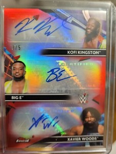 2021 Topps Finest WWE Triple Autograph Kofi Big E Xavier Woods Red Refractor /5!