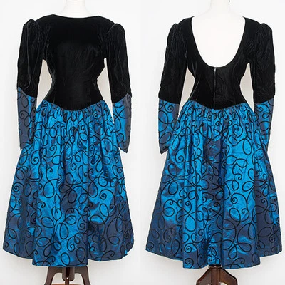 Jessica McClintock Blue Taffeta & Black Velvet Romantic Steampunk Princess Dress - Image 1 of 4