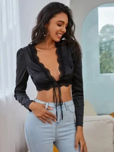 Cravatta con orlo in pizzo doppio pazzo crop top davanti nero - Foto 1 di 5