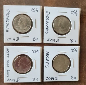 LOT OF 4 BU 2014-D 25c QUARTERS SHENANDOAH, EVERGLADES, SANDDUNNEN, ARCHES COINS - Bild 1 von 10