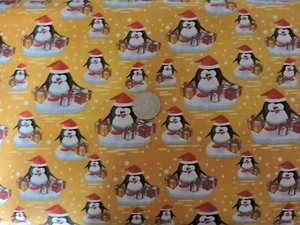 100% Cotton Fabric - Adorable Penguins On Golden Rod Background-  By The Yard - Picture 1 of 3