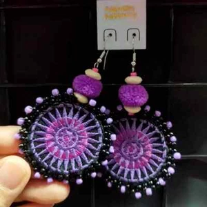 Womens Purple Dangle Earrings Moon Pompoms Thai Hand Embroidered Fabric Jewelry - Picture 1 of 4