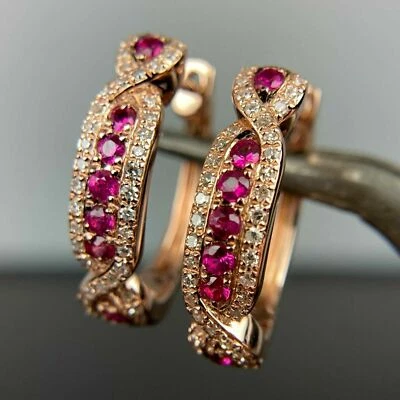 2Ct Round Cut Lab Created Ruby & Diamond Hoop Earrings 14K Rose Gold Plated - Image 1 of 4