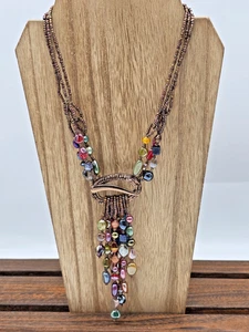 Chico’s Bronze & Copper Seed Bead Fringe Necklace Multi Iridescent Glass 16" - Picture 1 of 10