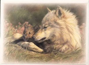 Vintage Weihnachtsgrußkarte schöne Mutter Wolf mit ihrem Baby auf dem Feld - Bild 1 von 4