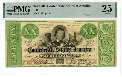 Billete de 20 dólares de los Estados Confederados de América de 1861 T-21 en estado bastante bueno 25 pmg 1999968-006 S/N 11993 Foto 1 de 2