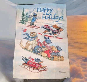 "Happy Holidays" Double-Sided Garden Flag Featuring Winter Scene w/Dogs - Picture 1 of 4