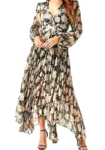 ASTR the Label Maxi Dress M Cream Blk Floral Pleated LS Cottage Fairy Whimsigoth - Picture 1 of 17