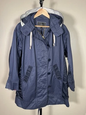 Abrigo de lluvia J Crew azul marino con capucha cola de pez chaqueta de gran tamaño para mujer talla M Foto 1 de 4