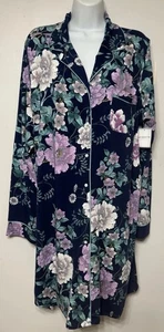 Liz Claiborne Nightshirt Women Long Sleeve Navy Floral Button Front Size XL NEW - Picture 1 of 10
