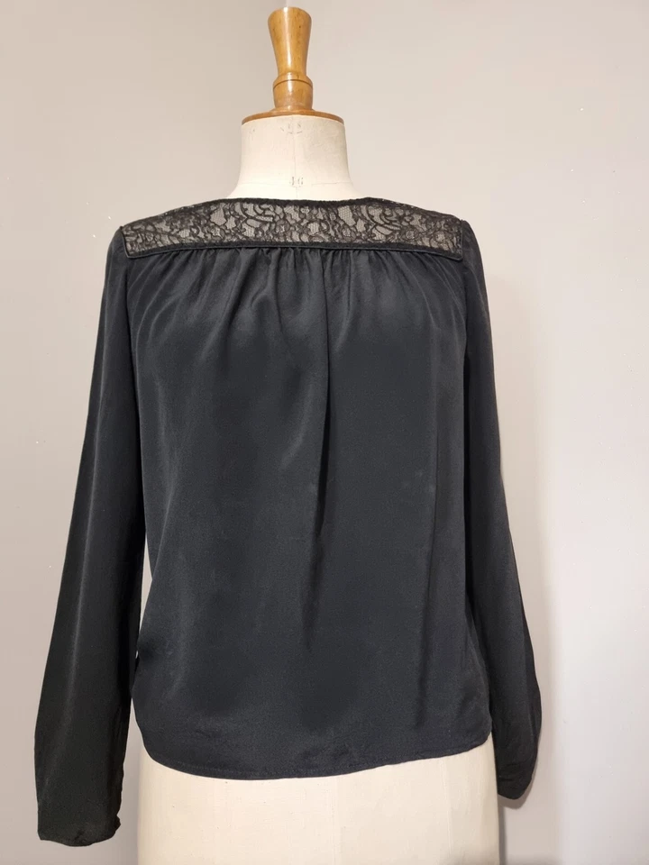 MAJE : BLOUSE NOIRE 100 % SOIE DENTELLES BOHEME BLUSE SHIRT - Photo 1/4