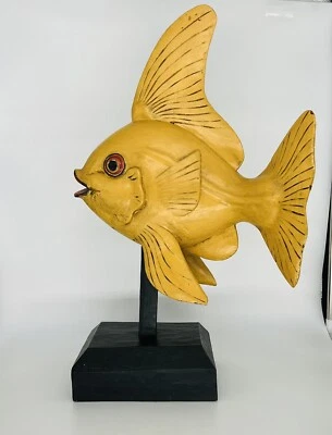 "Peces tropicales amarillos grandes de papel maché sobre base de madera negra 21"" caribeño" Foto 1 de 4