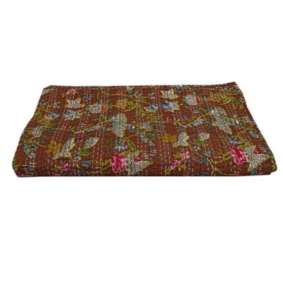 Cotton Handmade Kantha Quilt Red Floral Print Bedspread King Patchwork Blanket - Image 1 of 4
