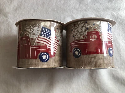 Lot of 2 Rolls Patriotic Ribbon Burlap Look Flag Fireworks 2.5" w x 3 yards ea - Image 1 of 2