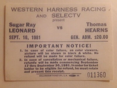 Sugar Ray Leonard Thomas Hitman Hearns Boxing Ticket Welterweight Title 1981 - Image 1 of 2