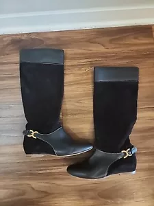 Chloe Marcie Suede High Flat Boots Black Leather Size 37.5 Embellished - Picture 1 of 11